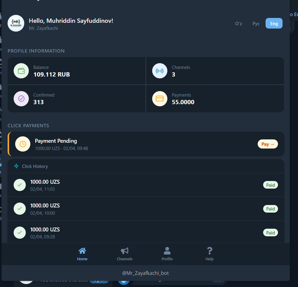 Mr. Zayafkachi Bot — Asosiy boshqaruv paneli va statistika